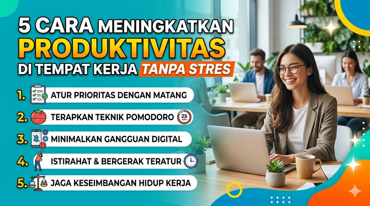 Bantu buat Artikel Berita SEO yang relevan dengan tema Keywords 5 Cara Meningkatkan Produktivitas di Tempat Kerja