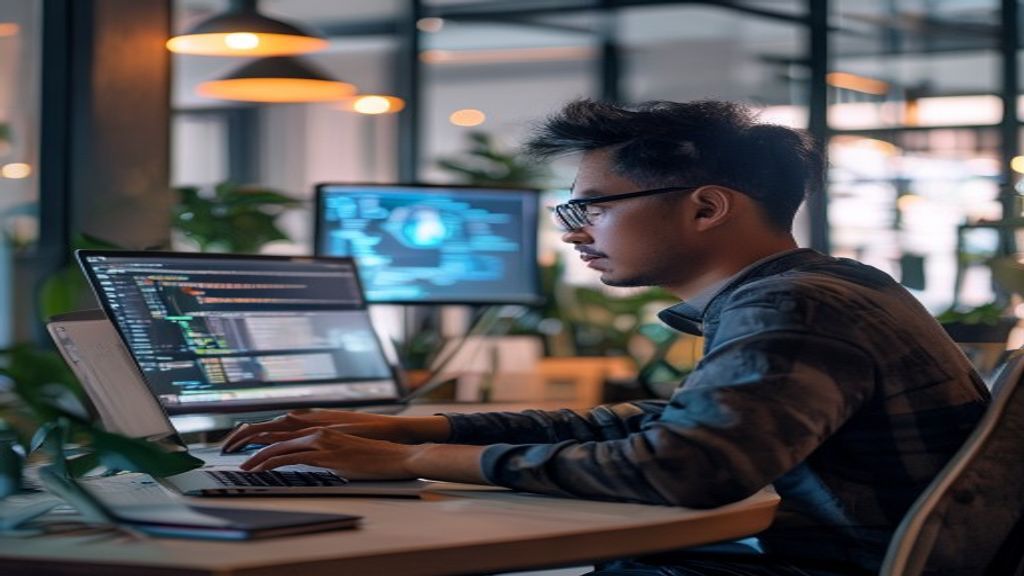 Ilustrasi pekerjaan mobile game developer menggunakan Unity atau Unreal Engine