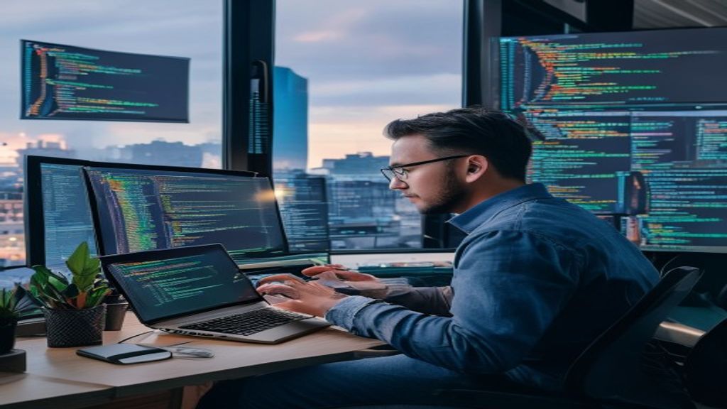 Ilustrasi pekerjaan backend developer profesional dengan latar belakang kode program