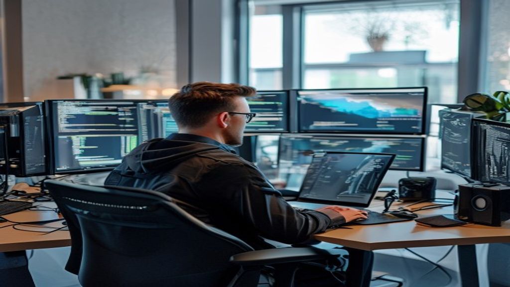 Ilustrasi cloud engineer bekerja di depan laptop