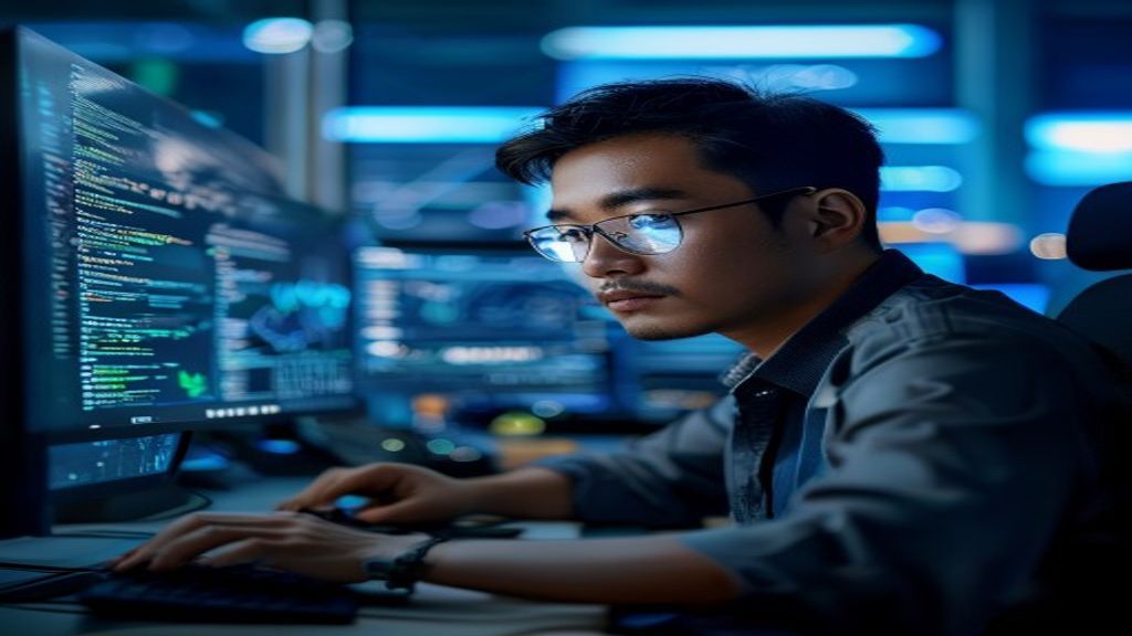 Ilustrasi cybersecurity analyst junior bekerja di depan komputer