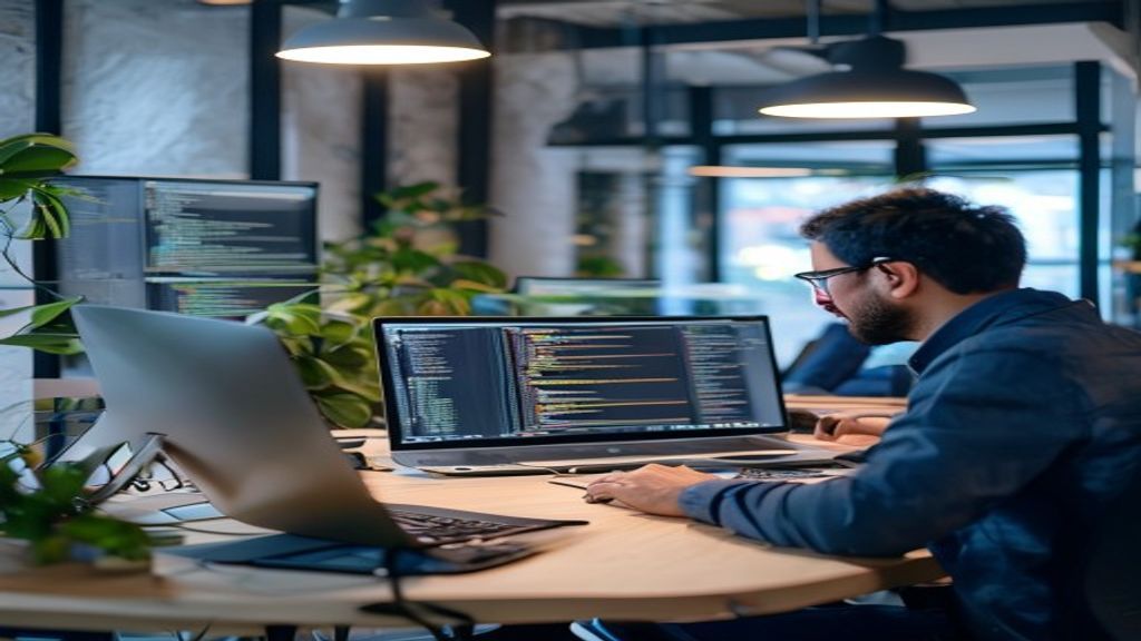 Ilustrasi seorang programmer bekerja di tim pengembangan startup modern
