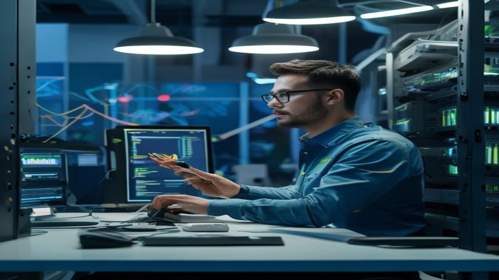 Network Engineer melakukan perawatan server kantor untuk memastikan koneksi internet yang stabil dan aman