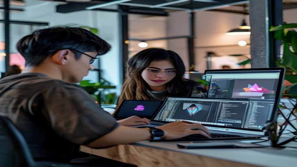 Ilustrasi video editor dan motion graphic bekerja menggunakan komputer